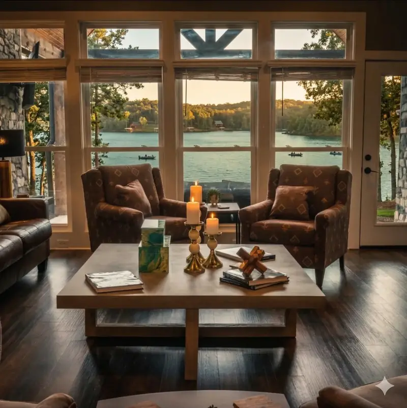 Interior living room with lake view through large windows at Tennessee National