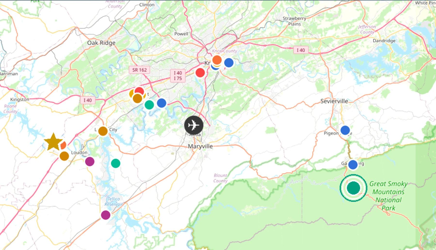 Regional map showing Tennessee National and nearby destinations
