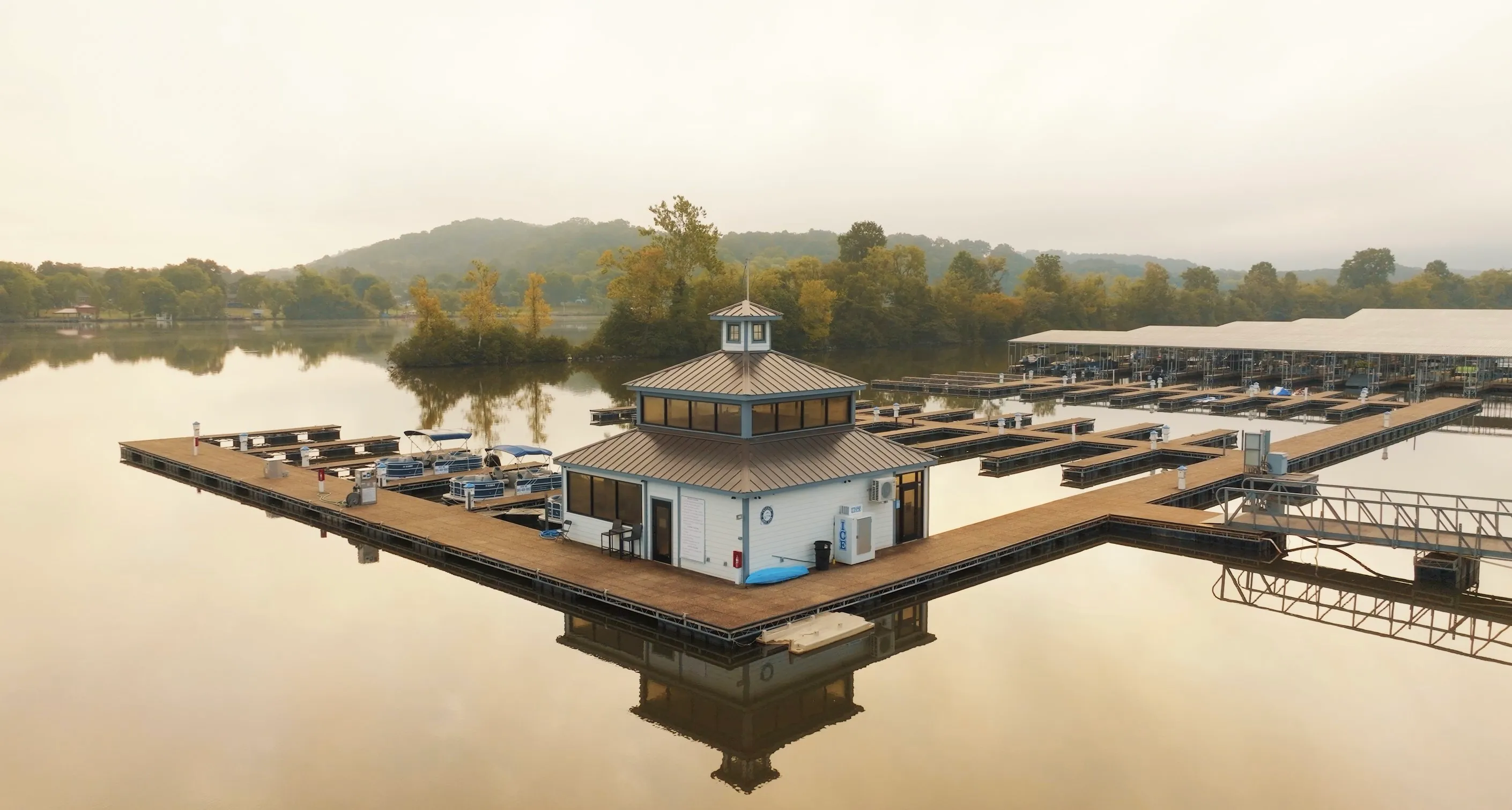 Marina at sunrise with calm waters